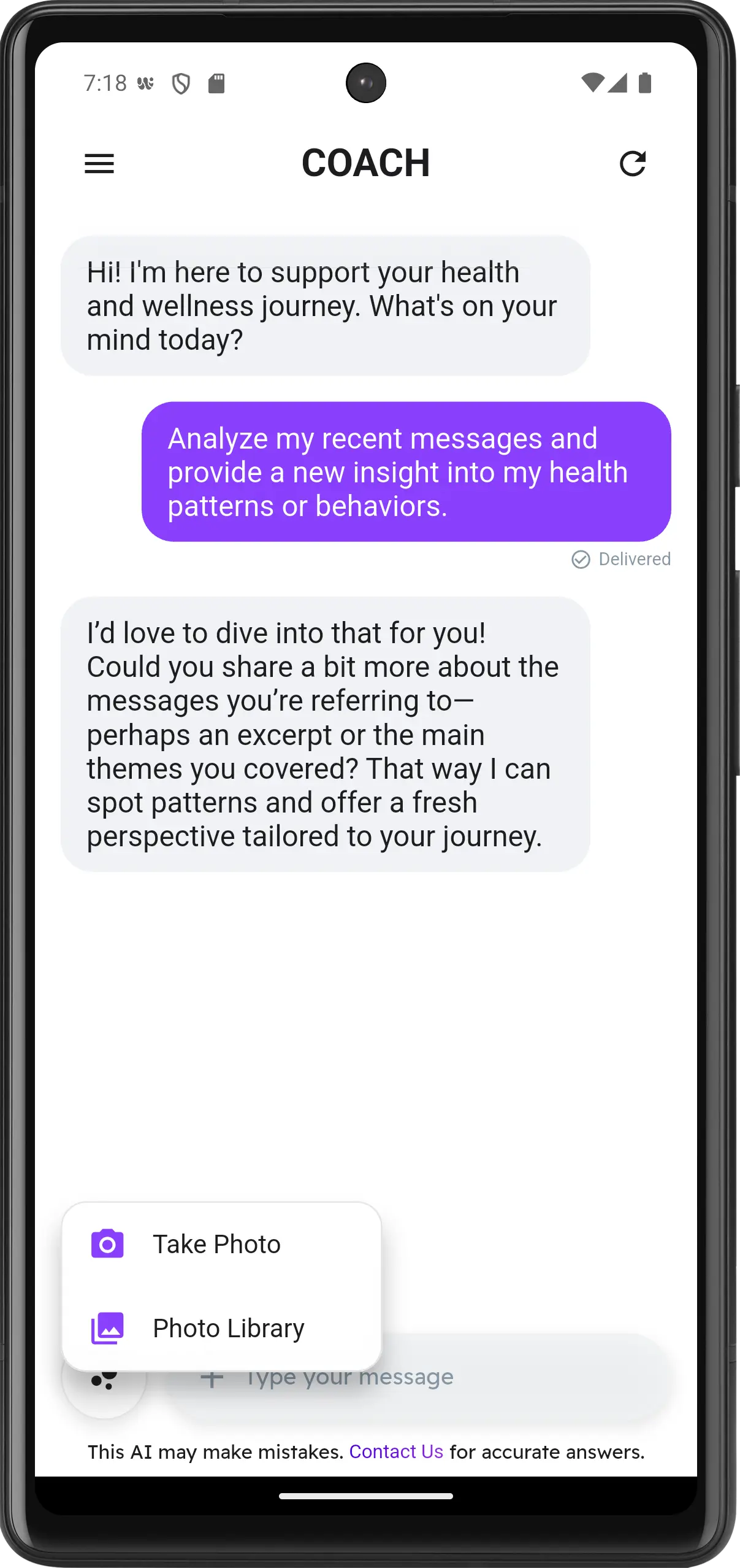 Chat interface for the Wellew personal AI health coach feature