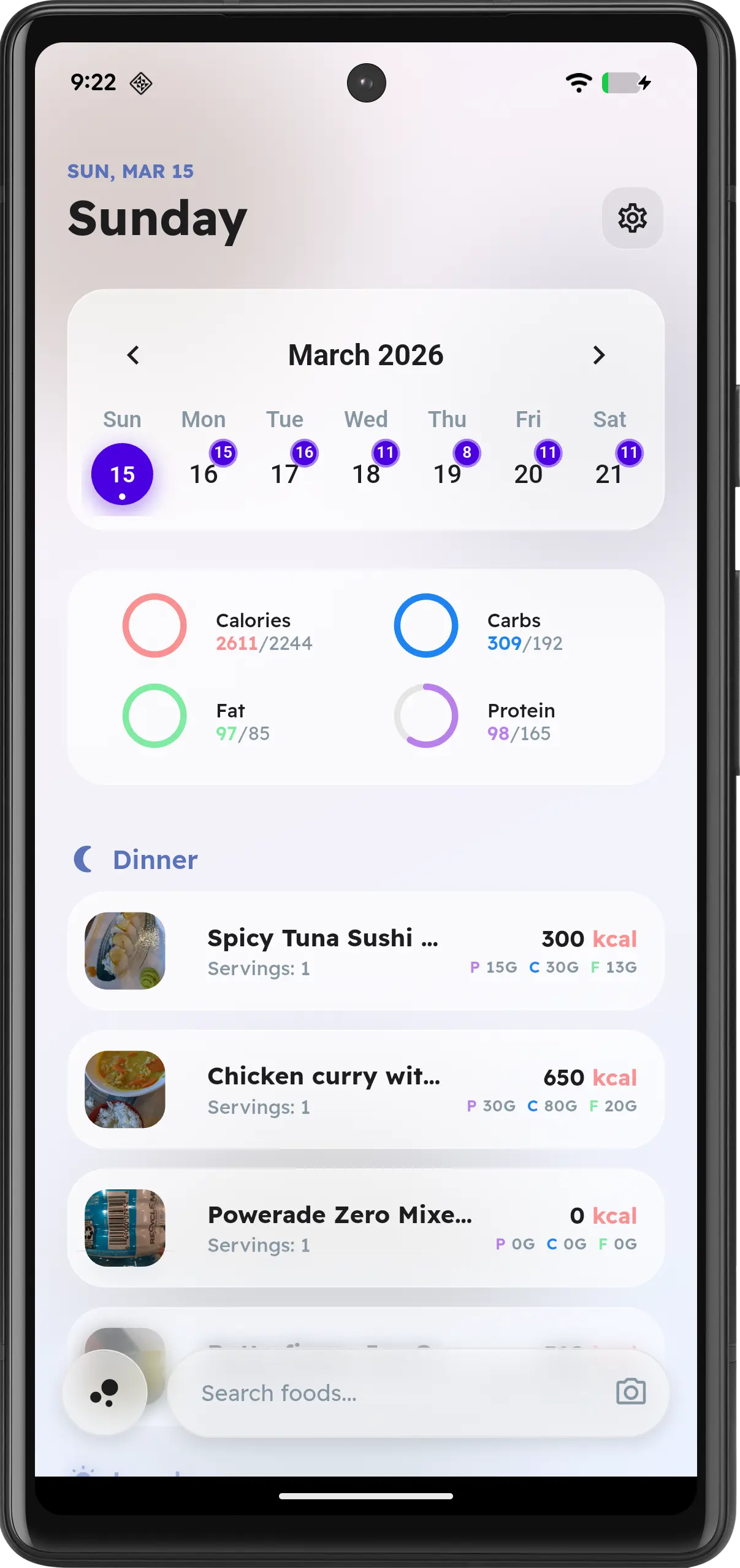 Wellew app dashboard for logging meals, workouts, and health metrics