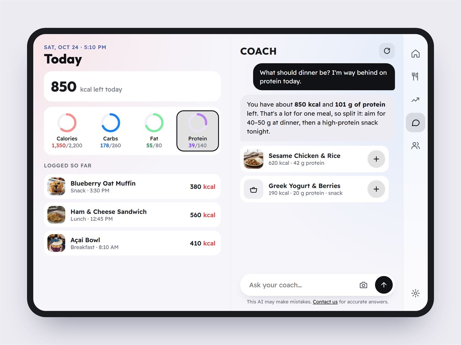 Wellew open on the iPhone Duo. The left pane shows 850 calories left and the protein ring highlighted. The right pane shows the coach suggesting 40 to 50 grams of protein at dinner and a high-protein snack later.