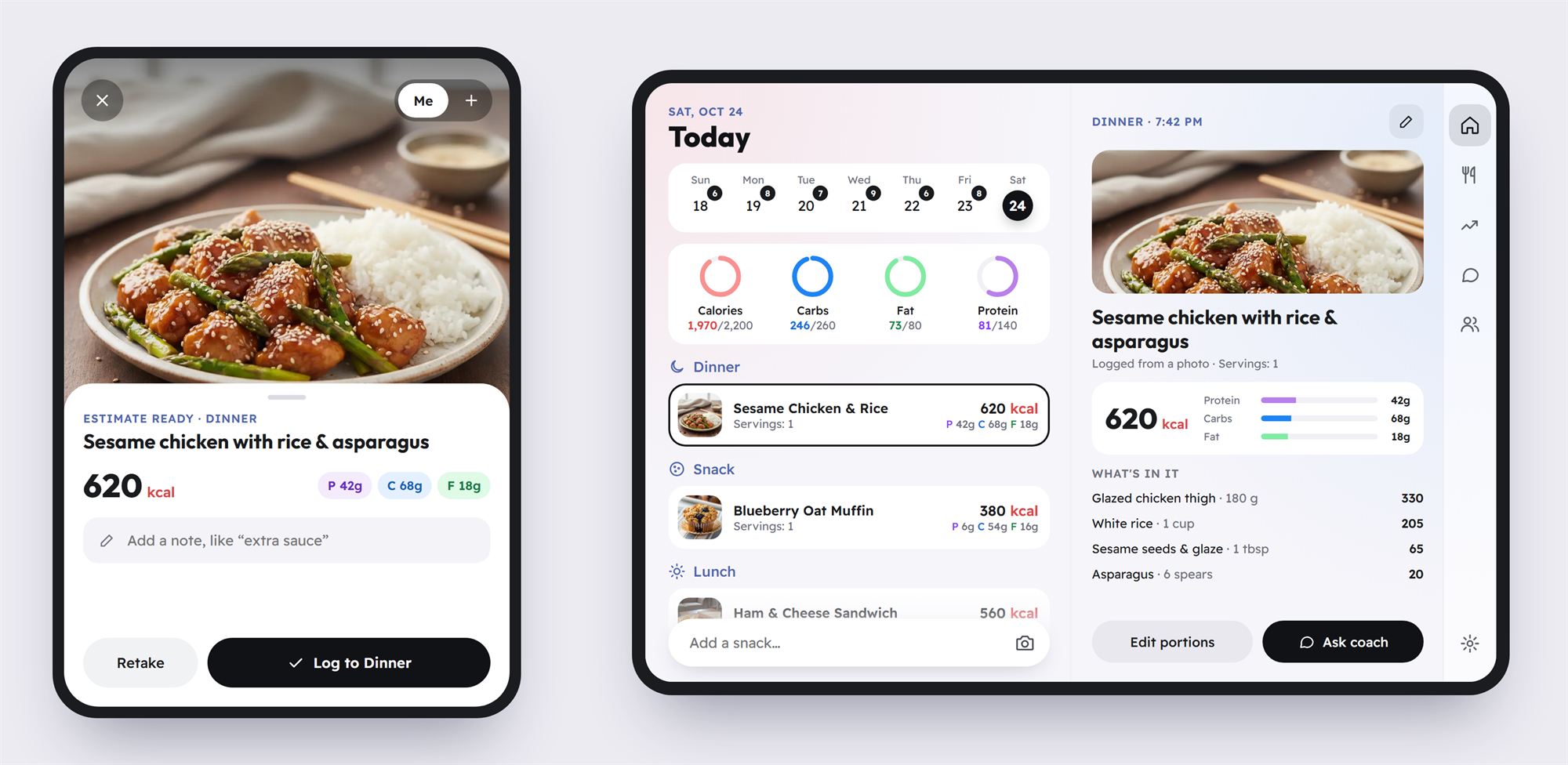 Two iPhone Duo screens running Wellew. Folded, the outside screen shows a photo of sesame chicken with a 620 calorie estimate. Open, the inside screen shows the day's meals on the left and the same meal's ingredients and macros on the right.